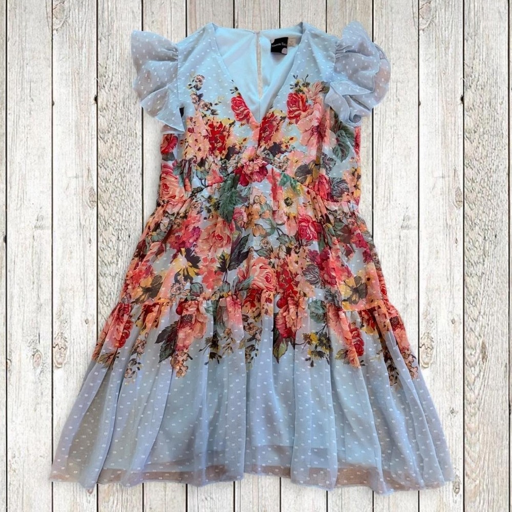 Maison Tara Floral Swiss Dot Flutter Sleeve Tiered Dress Size 12